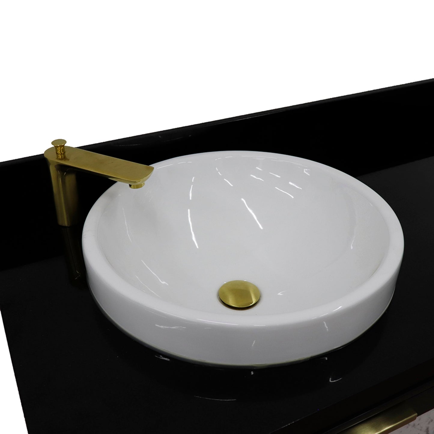 61" Double sink vanity in Dark Gray finish with Black galaxy granite and round sink
