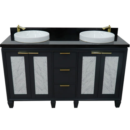 61" Double sink vanity in Dark Gray finish with Black galaxy granite and round sink