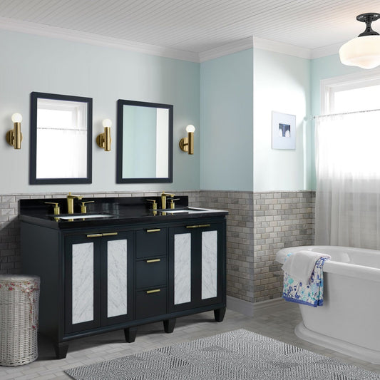 61" Double sink vanity in Dark Gray finish with Black galaxy granite and rectangle sink