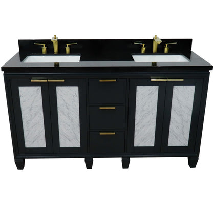 61" Double sink vanity in Dark Gray finish with Black galaxy granite and rectangle sink