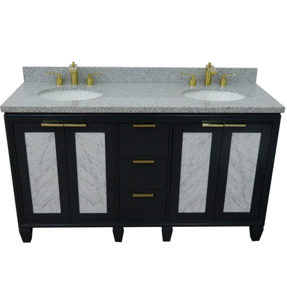 61" Double sink vanity in Dark Gray finish with Gray granite and oval sink