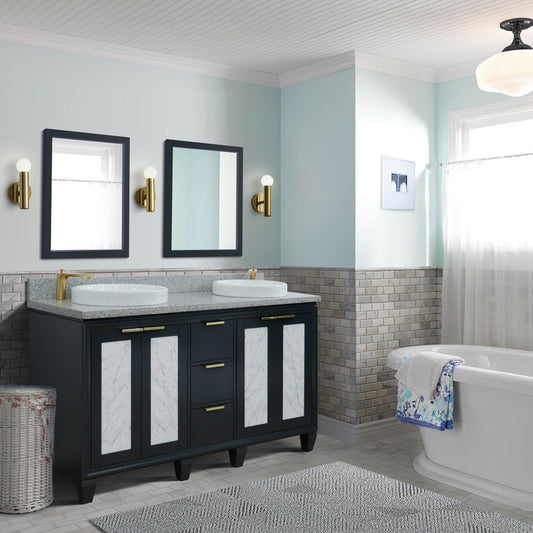 61" Double sink vanity in Dark Gray finish with Gray granite and round sink