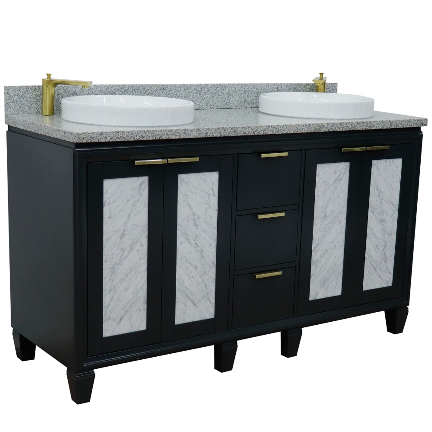 61" Double sink vanity in Dark Gray finish with Gray granite and round sink