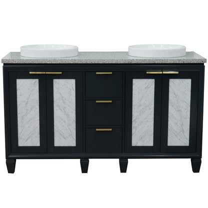 61" Double sink vanity in Dark Gray finish with Gray granite and round sink