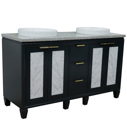 61" Double sink vanity in Dark Gray finish with Gray granite and round sink