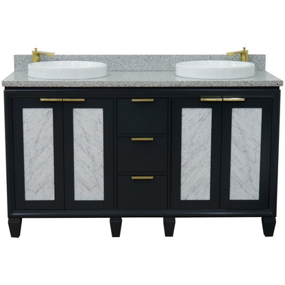 61" Double sink vanity in Dark Gray finish with Gray granite and round sink