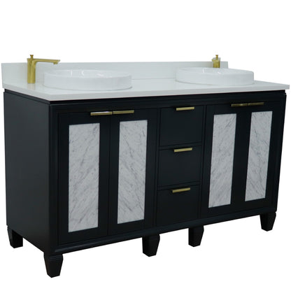 61" Double sink vanity in Dark Gray finish with White engineered stone and round sink