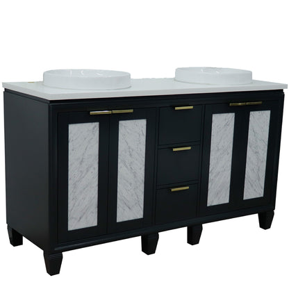 61" Double sink vanity in Dark Gray finish with White engineered stone and round sink