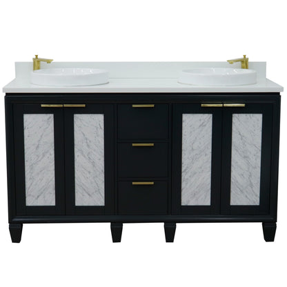 61" Double sink vanity in Dark Gray finish with White engineered stone and round sink