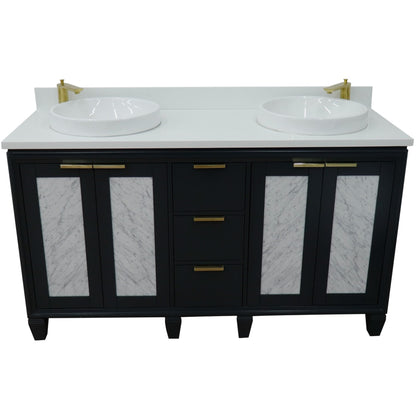 61" Double sink vanity in Dark Gray finish with White engineered stone and round sink