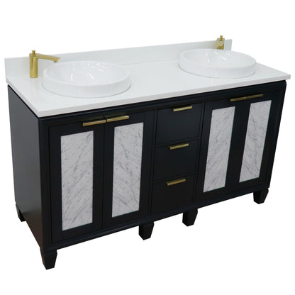 61" Double sink vanity in Dark Gray finish with White engineered stone and round sink