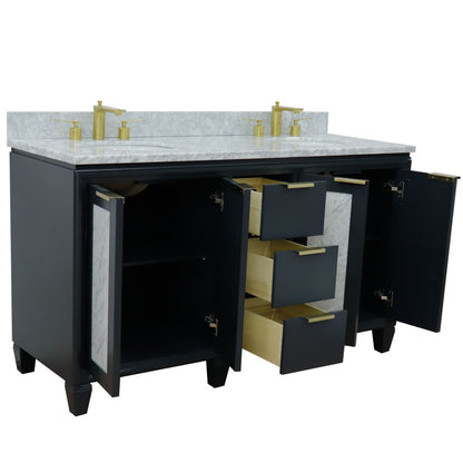 61" Double sink vanity in Dark Gray finish with White Carrara marble and oval sink
