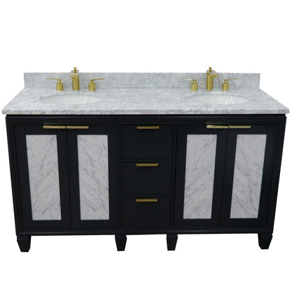 61" Double sink vanity in Dark Gray finish with White Carrara marble and oval sink