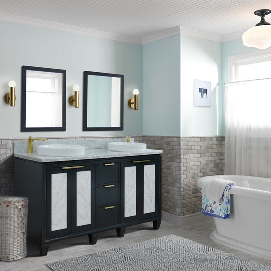 61" Double sink vanity in Dark Gray finish with White Carrara marble and round sink