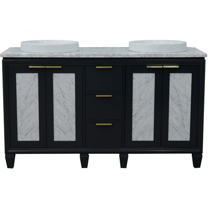 61" Double sink vanity in Dark Gray finish with White Carrara marble and round sink