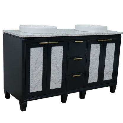 61" Double sink vanity in Dark Gray finish with White Carrara marble and round sink