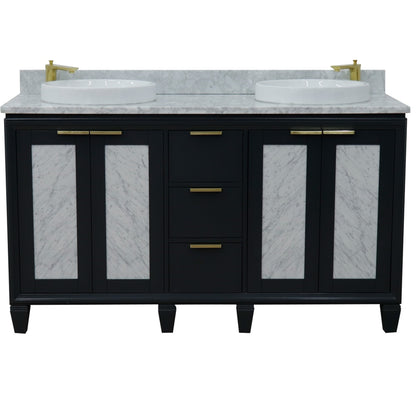 61" Double sink vanity in Dark Gray finish with White Carrara marble and round sink