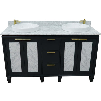 61" Double sink vanity in Dark Gray finish with White Carrara marble and round sink