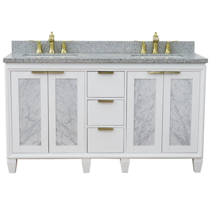 61" Double sink vanity in White finish with Gray granite and rectangle sink