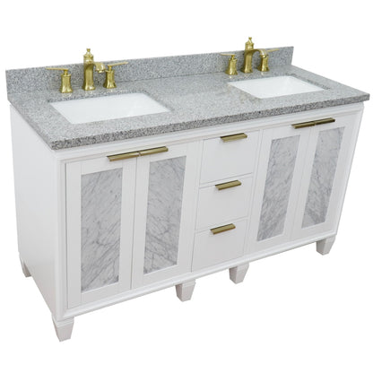 61" Double sink vanity in White finish with Gray granite and rectangle sink