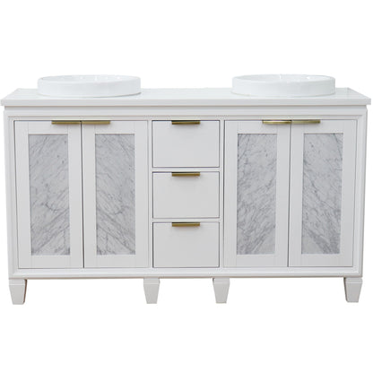 61" Double sink vanity in White finish with White engineered stone and round sink