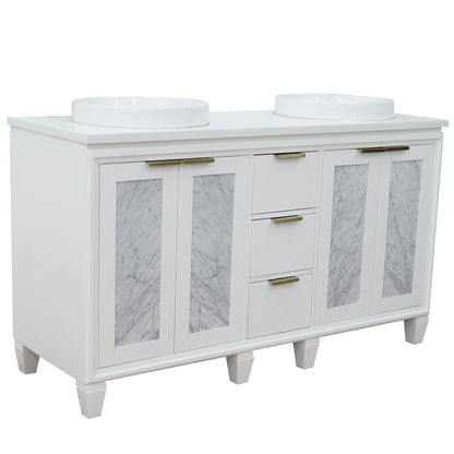 61" Double sink vanity in White finish with White engineered stone and round sink