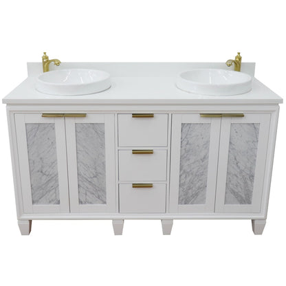 61" Double sink vanity in White finish with White engineered stone and round sink