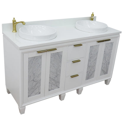 61" Double sink vanity in White finish with White engineered stone and round sink