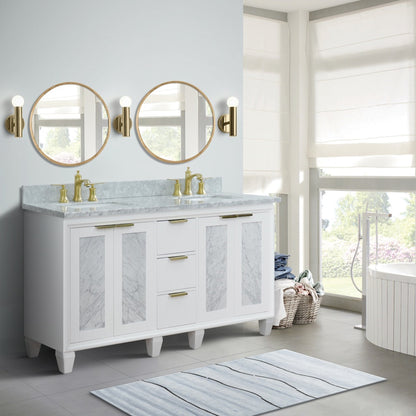 61" Double sink vanity in White finish with White Carrara marble and rectangle sink