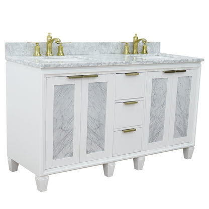 61" Double sink vanity in White finish with White Carrara marble and rectangle sink