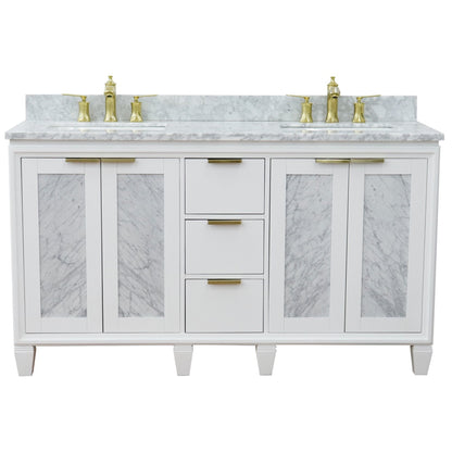 61" Double sink vanity in White finish with White Carrara marble and rectangle sink
