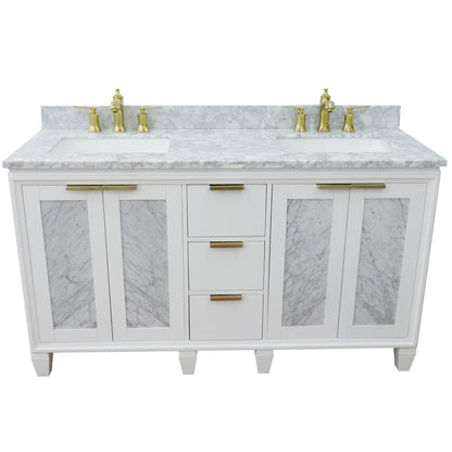 61" Double sink vanity in White finish with White Carrara marble and rectangle sink