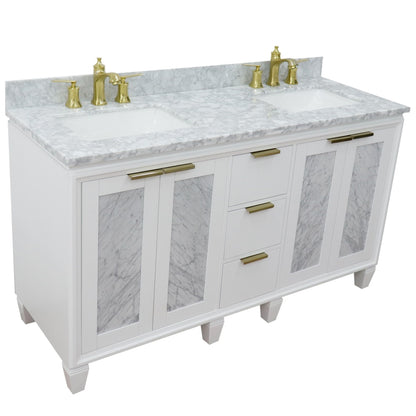 61" Double sink vanity in White finish with White Carrara marble and rectangle sink