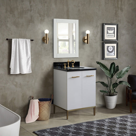 25" Single sink vanity in White finish with Black galaxy granite and oval sink