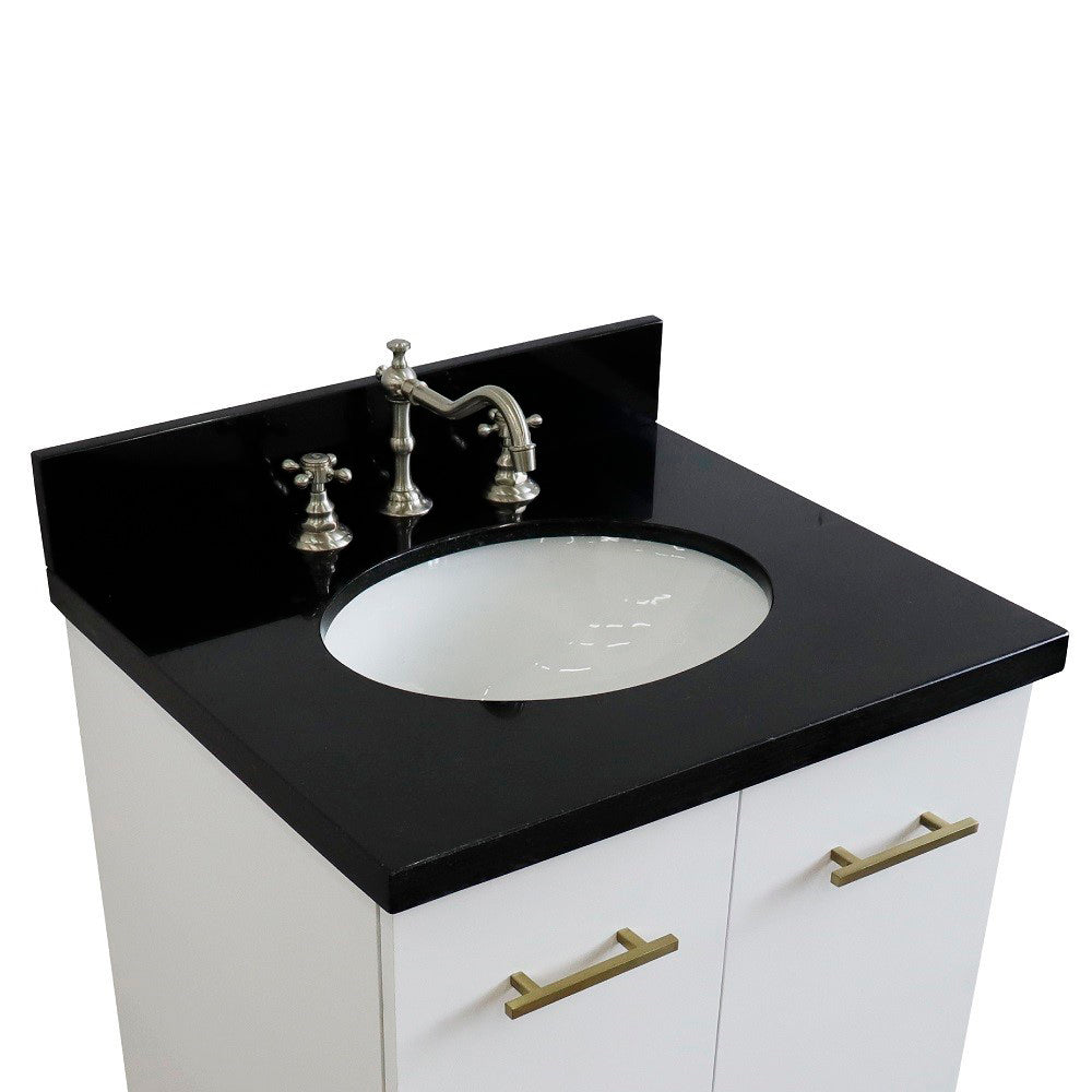 25" Single sink vanity in White finish with Black galaxy granite and oval sink