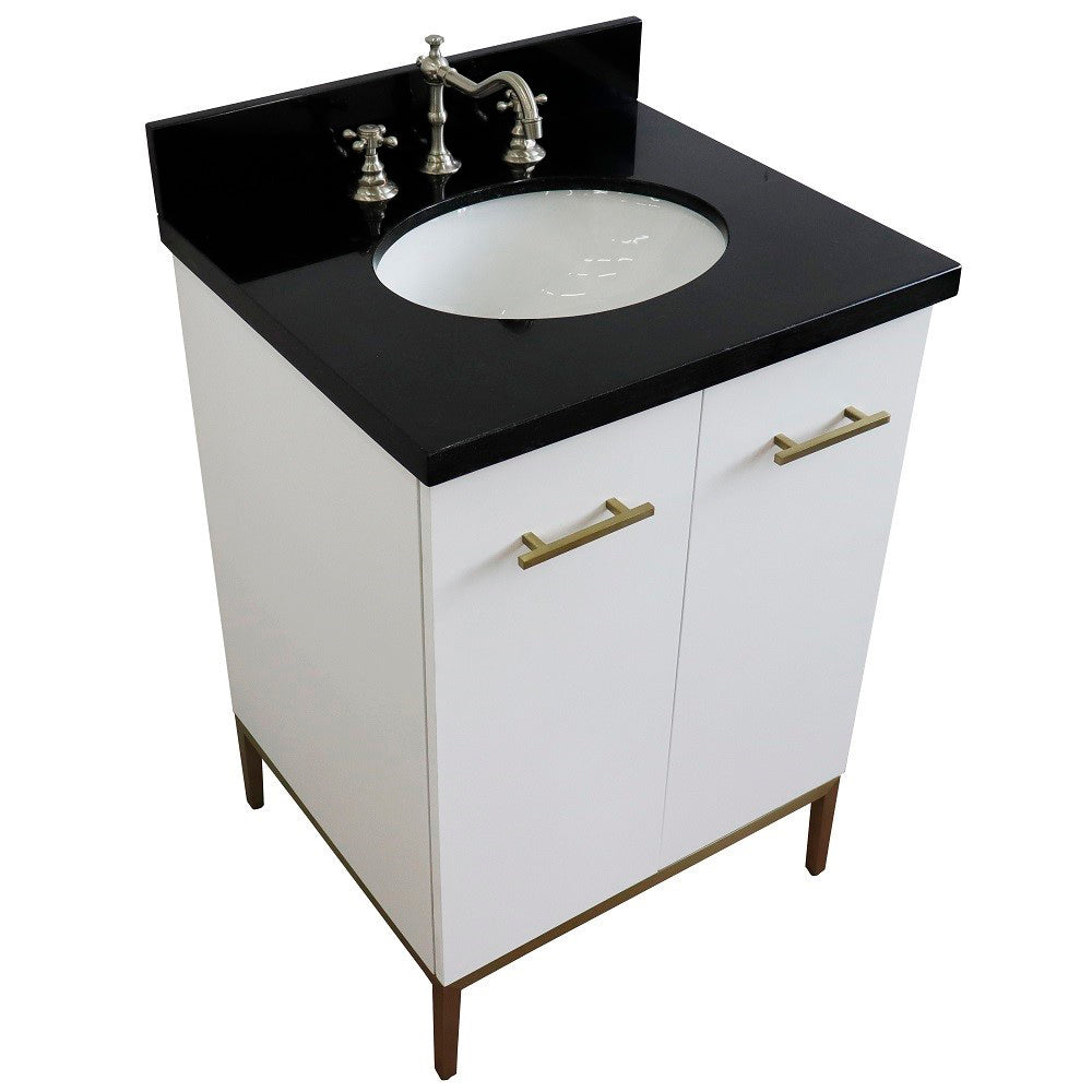 25" Single sink vanity in White finish with Black galaxy granite and oval sink