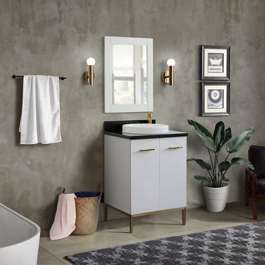 25" Single sink vanity in White finish with Black galaxy granite and round sink
