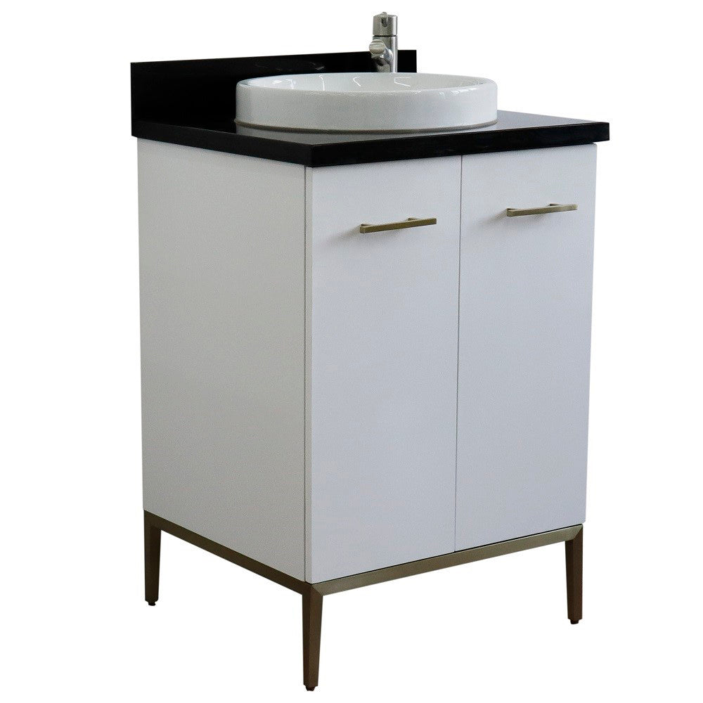 25" Single sink vanity in White finish with Black galaxy granite and round sink