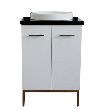 25" Single sink vanity in White finish with Black galaxy granite and round sink