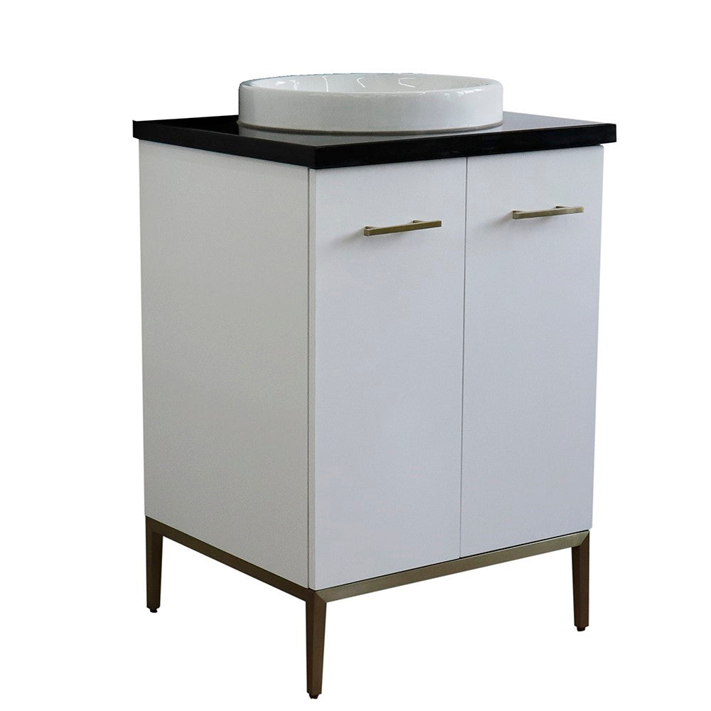 25" Single sink vanity in White finish with Black galaxy granite and round sink