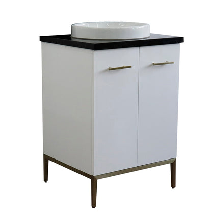 25" Single sink vanity in White finish with Black galaxy granite and round sink