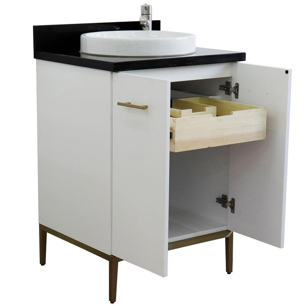 25" Single sink vanity in White finish with Black galaxy granite and round sink