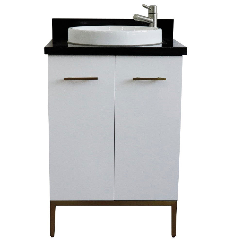 25" Single sink vanity in White finish with Black galaxy granite and round sink
