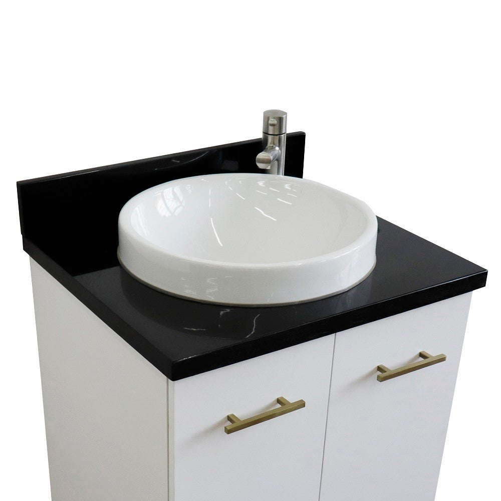 25" Single sink vanity in White finish with Black galaxy granite and round sink