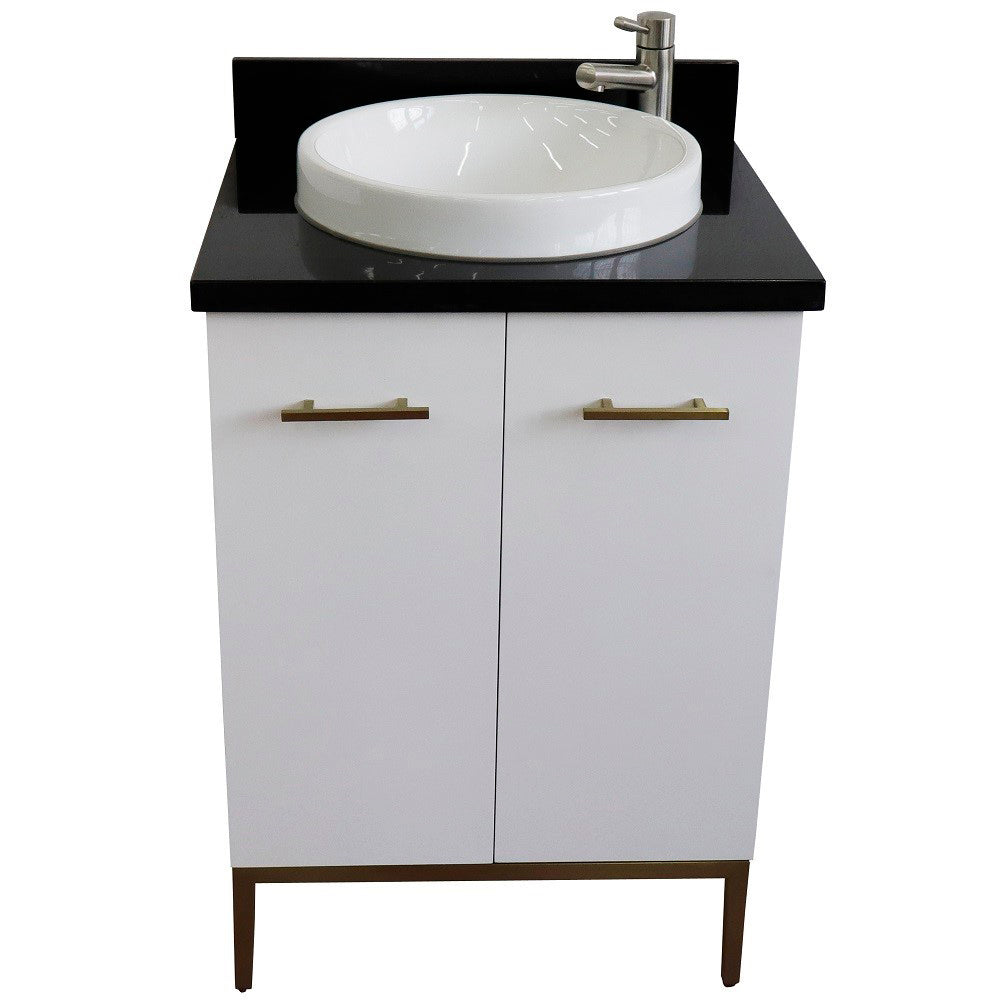25" Single sink vanity in White finish with Black galaxy granite and round sink