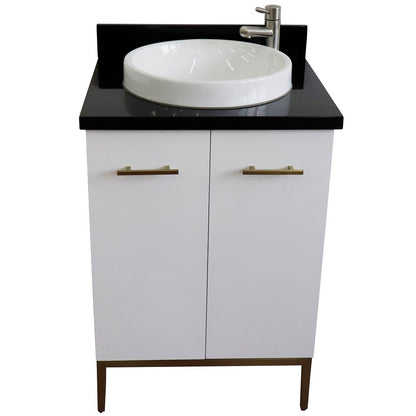 25" Single sink vanity in White finish with Black galaxy granite and round sink