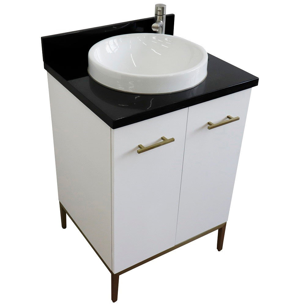 25" Single sink vanity in White finish with Black galaxy granite and round sink
