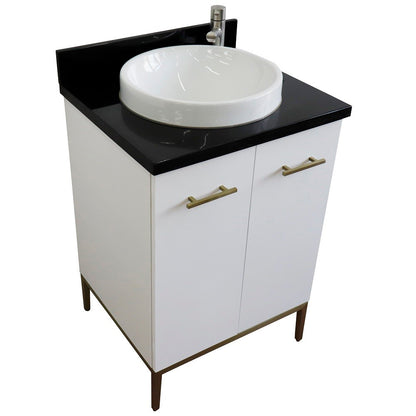 25" Single sink vanity in White finish with Black galaxy granite and round sink