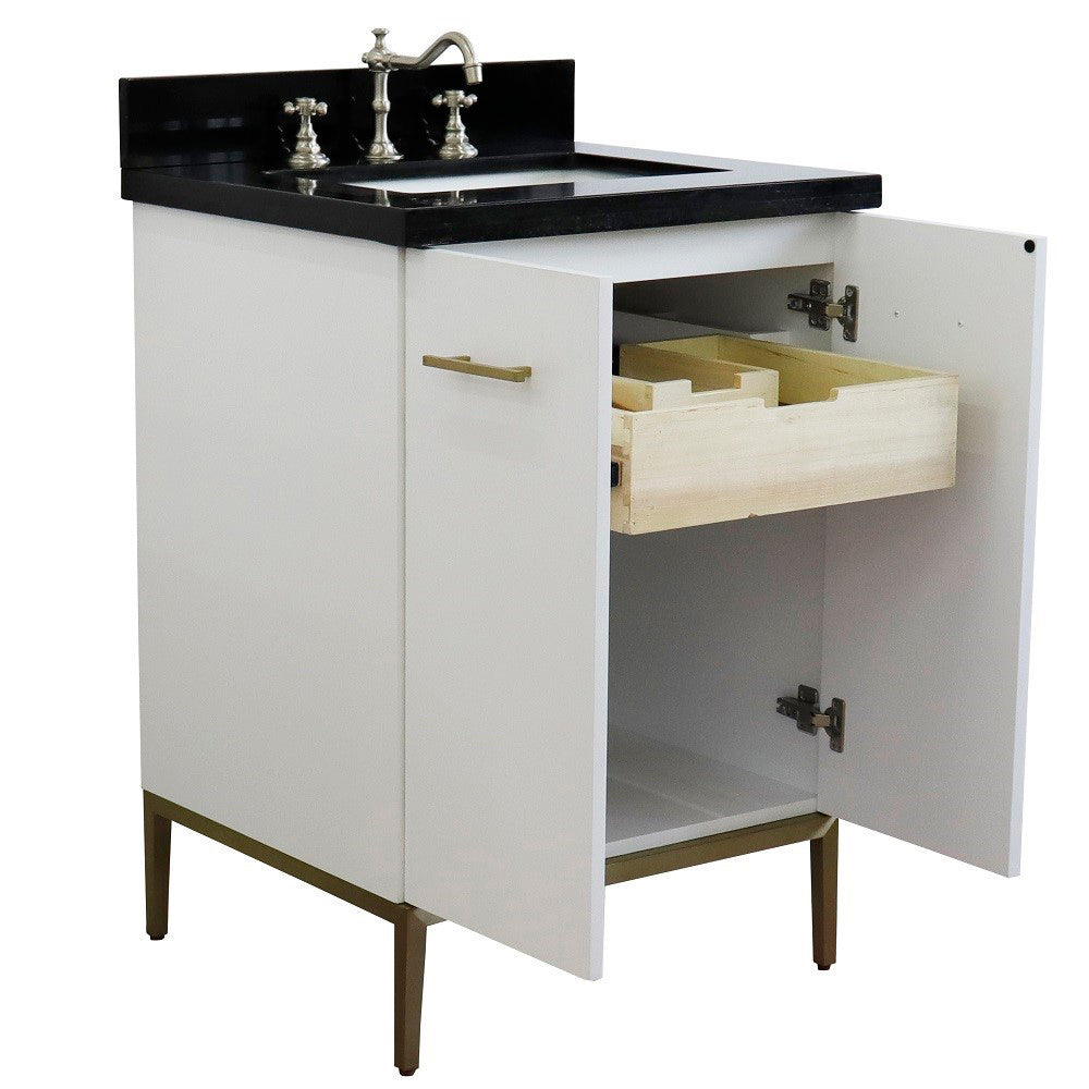 25" Single sink vanity in White finish with Black galaxy granite and rectangle sink