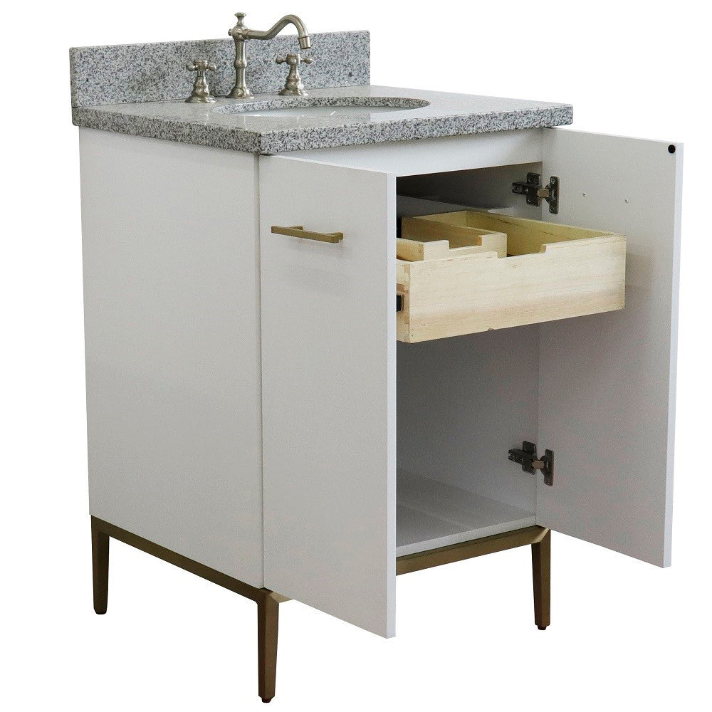 25" Single sink vanity in White finish with Gray granite and oval sink